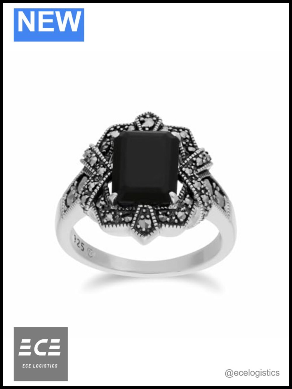 Sterling Silver 925 Black Onyx Marcasite Statement Ring Art Nouveau Inspired
